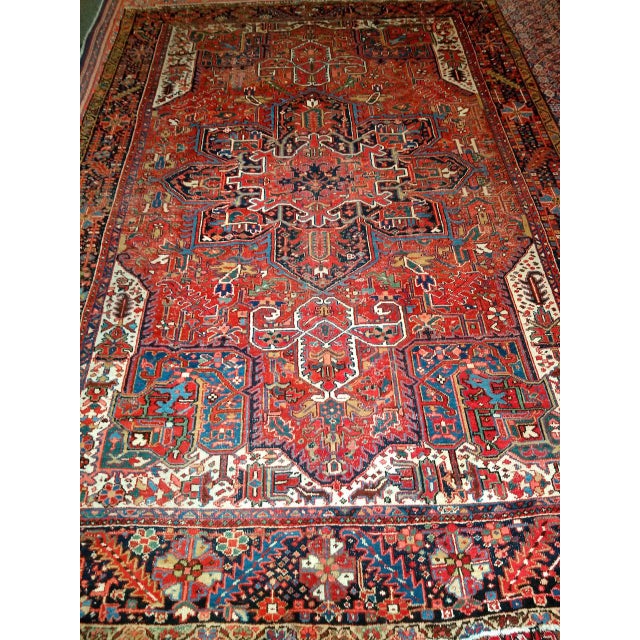 Antique Persian Heriz Karajah Rug, Hand-Knotted Wool, Geometric Medallion Pattern, Brick-Red & Navy, 9x12 For Sale - Image 10 of 17