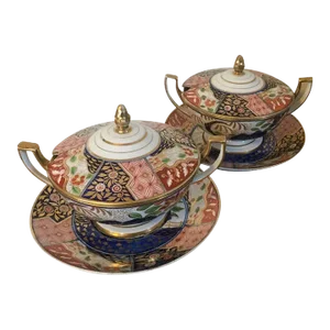 Circa 1805 Worcester Porcelain Imari Rock & Tree Coalport Pattern Tureens & Stands - A Pair