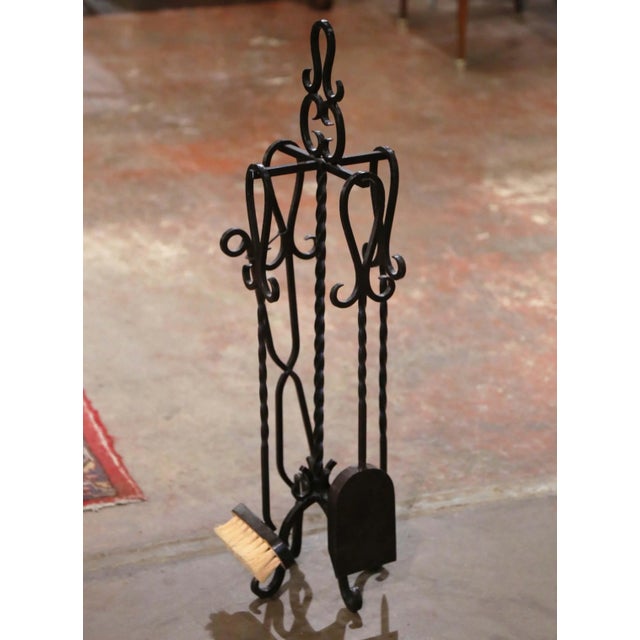 Vintage French Gothic Wrought Iron Five-Piece Fireplace Tool Set on Stand For Sale In Dallas - Image 6 of 10
