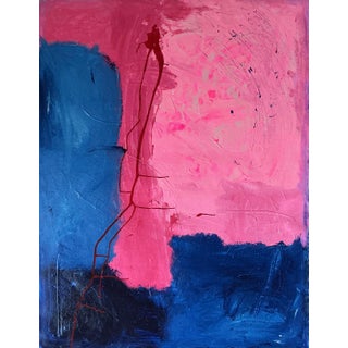 Pink & Blue Composition Original Abstract Colorfield Painting on 46.5” by 36” Un Stretched 20 Oz Canvas For Sale