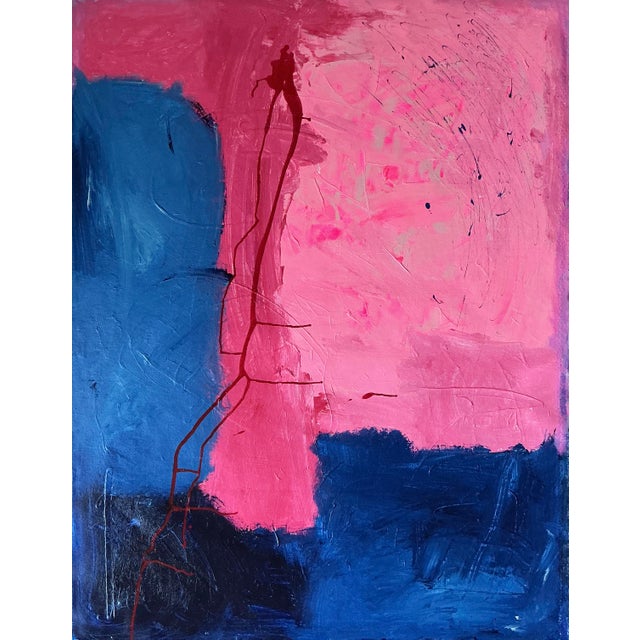 Pink & Blue Composition Original Abstract Colorfield Painting on 46.5” by 36” Un Stretched 20 Oz Canvas For Sale