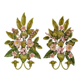 Vintage Italian Tole Metal Floral Candle Wall Sconces - a Pair For Sale