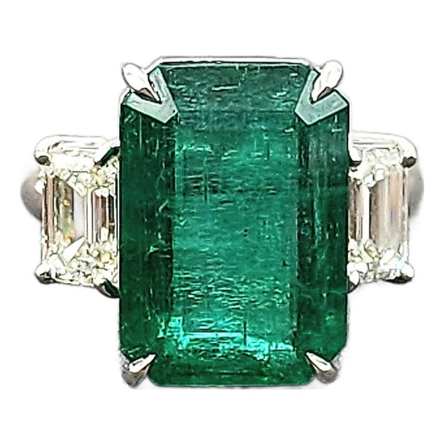 13.50 Ct Gia Certified Natural Zambian Emerald & Diamond Ring Size 7 For Sale