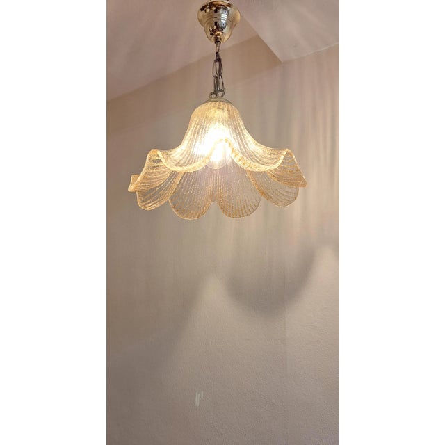 1980s Vintage German Ceiling Lamp with Shade Made of Tinted, Lined Ice Glass on a Brass Mount from Jakobs-Leuchten, 1980s For Sale - Image 5 of 9