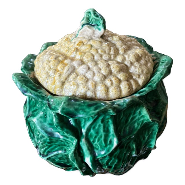 Antique French Cauliflower Cabbage Soup Tureen — Majolica Ceramic Vegetable Form For Sale