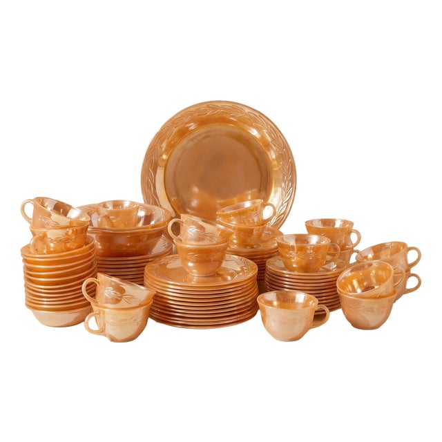 Fire-King Peach Bay Leaf Service for 12 from Anchor Hocking, USA, 1950s, Set of 67 For Sale