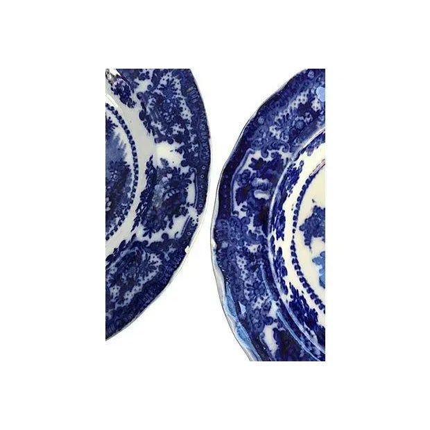 Antique Flow Blue Pagoda Dinner Bowls - Set of 8 For Sale - Image 4 of 6