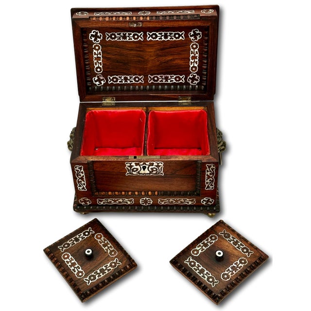 Outstanding Antique Victorian Rosewood Veneer Tea Caddy Box With Fancy Abalone Inlay Features - Circa 1870s For Sale - Image 4 of 18