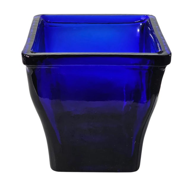 Contemporary Cobalt Blue Recycled Heavy Optic Glass Square Vessel 4.75" For Sale - Image 3 of 9