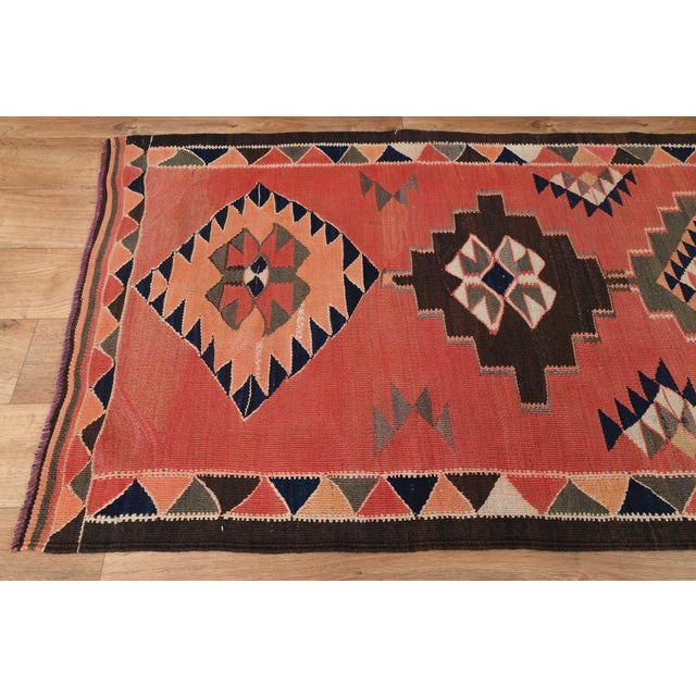 Pink 1970s Vintage Handmade Wool Cotton Pink Runner Rug For Sale - Image 8 of 11