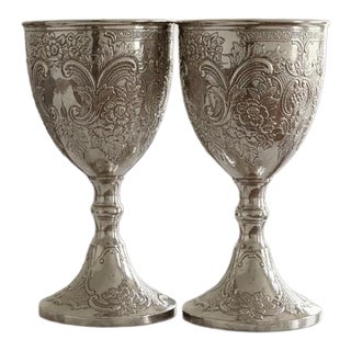 Antique 19th Century Chinese Export Solid Silver Repoussé Goblets - A Pair For Sale