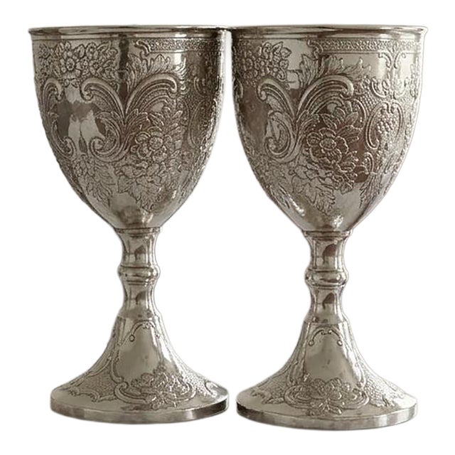 Antique 19th Century Chinese Export Solid Silver Repoussé Goblets - A Pair For Sale
