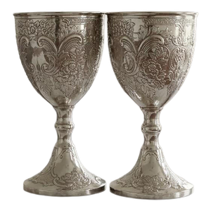 Antique 19th Century Chinese Export Solid Silver Repoussé Goblets - A Pair