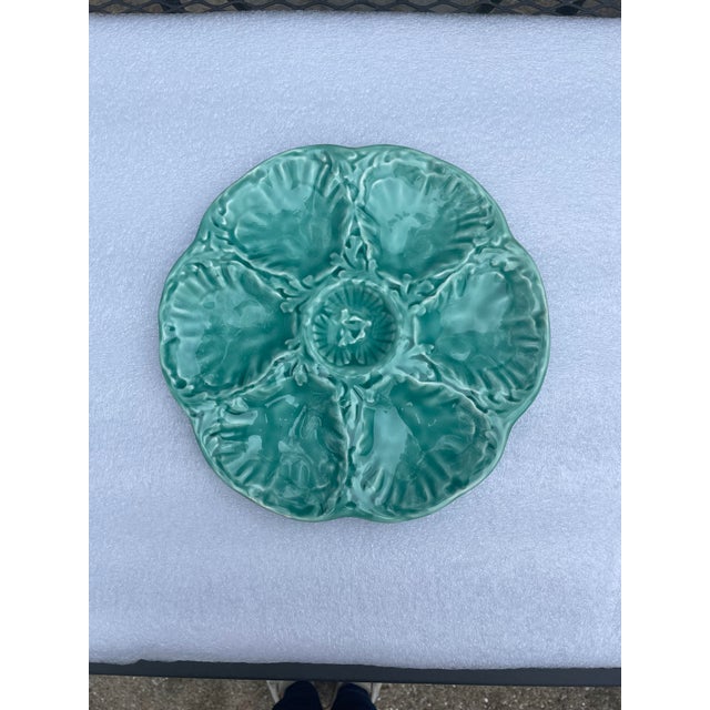 1940s 1940s French Gien Turquoise Majolica Oyster Plate For Sale - Image 5 of 13
