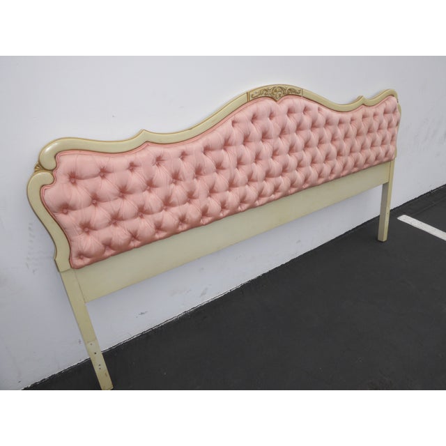 Vintage French Provincial Tufted Pink Silk & Carved Wood Headboard