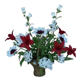 Vintage French Imortelle Glass Beaded Memorial Basket Bouquet For Sale