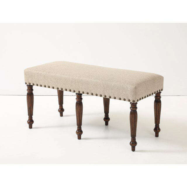 Tan Linen Bench With Reeded Turned Legs For Sale - Image 8 of 11