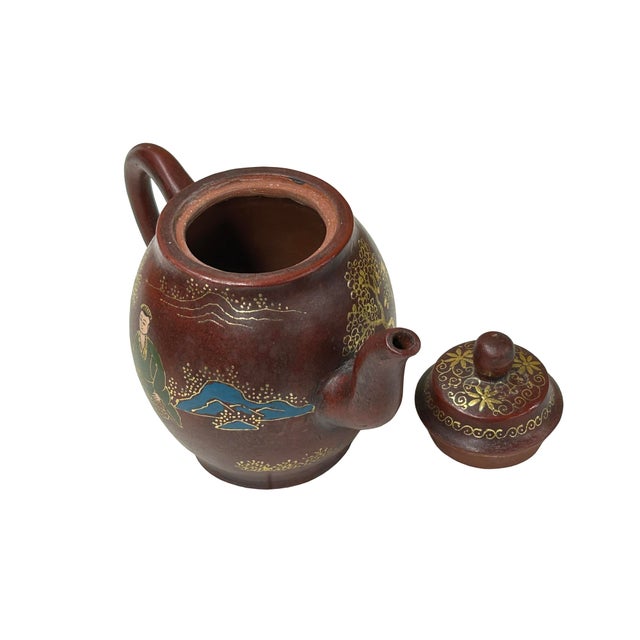 Chinese Vintage Chinese Reddish Brown Graphic Zisha Clay Teapot Art Display For Sale - Image 3 of 8