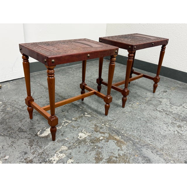 Spanish Estudio Taller Corongo Tooled Leather Top Side Tables, Vintage For Sale - Image 3 of 12