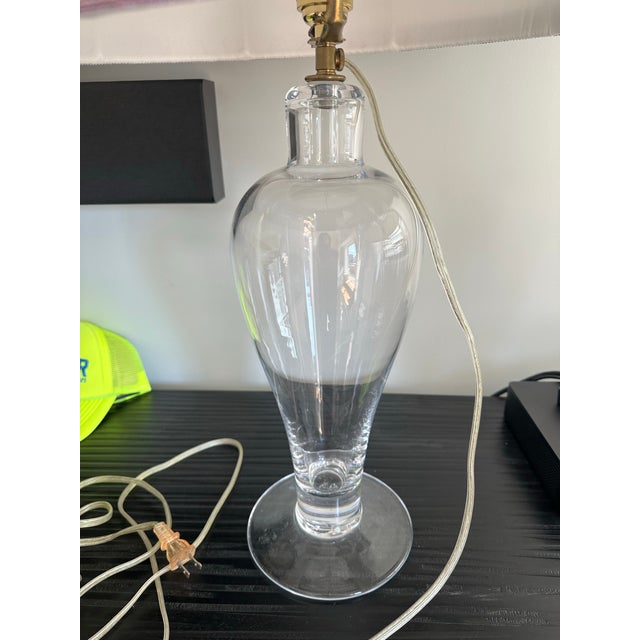 2 clear glass handmade Simon Peerce lamps custom white purple/lavender trim shades