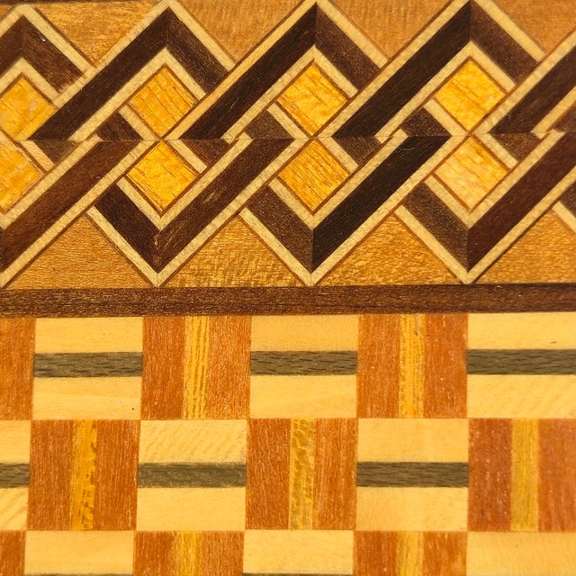 Japanese Wood Table Accent, Jewelry Dish or Watch Tray - 7" Vintage Japanese Yosegi Zaiku Marquetry Plate For Sale - Image 3 of 5