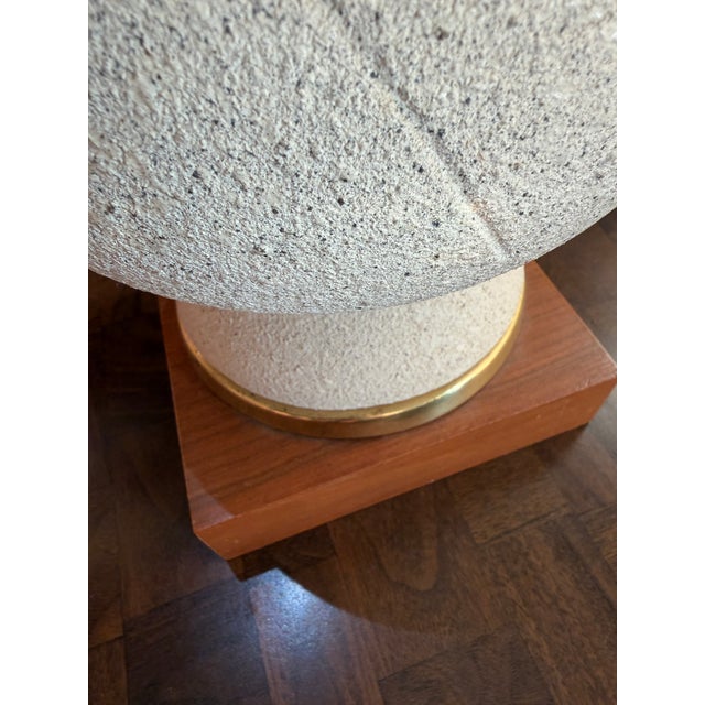 Wood 1960s Mid-Century Modern Textured Ceramic & Walnut Table Lamps With Original Tall Drum Shades - Pair For Sale - Image 7 of 12