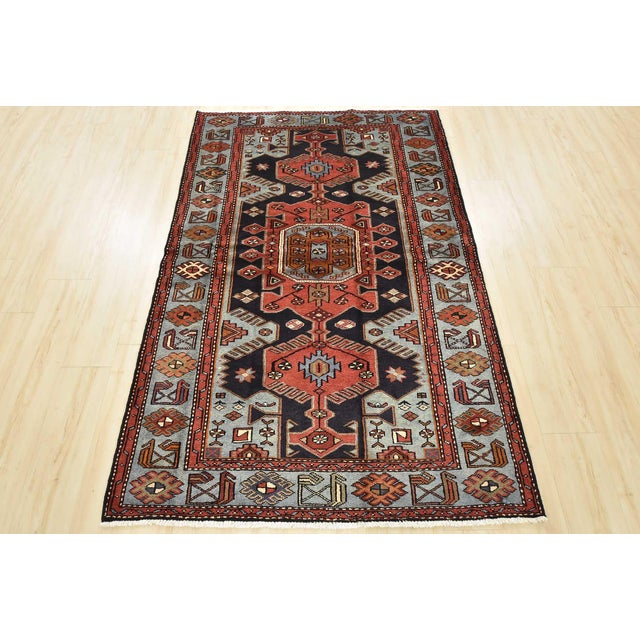 Cabin Zanjan Rug 4'5'' X 6'8'' Blue Wool Vintage Tribal Hand-Knotted Oriental Carpet For Sale - Image 3 of 15