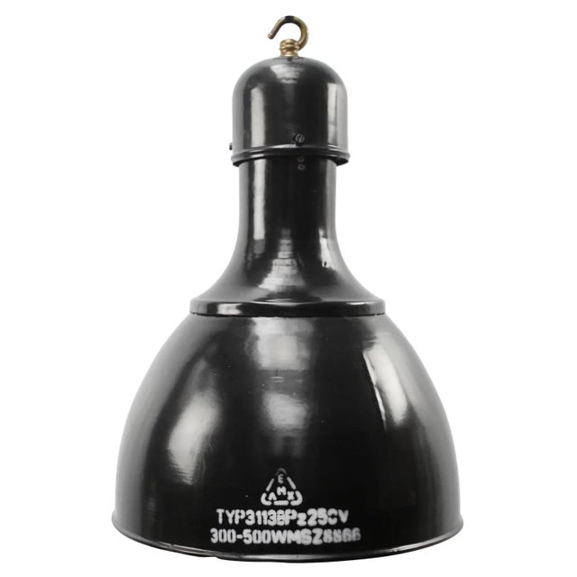 1950s Vintage Industrial Black Enamel and Brass Pendant Light, 1950s For Sale - Image 5 of 5