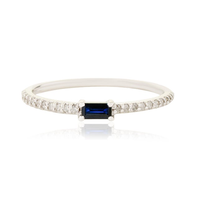 14k Gold Natural Baguette Blue Sapphire Diamond Stacking Thin Band Ring Size 6.5 For Sale - Image 4 of 16