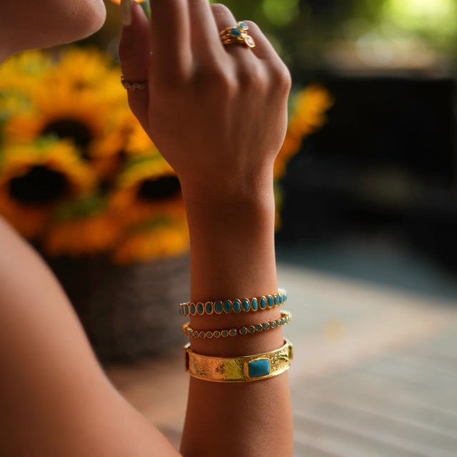 2020s Turquoise Gemstone & Gold Dainty Bangle Bracelet For Sale - Image 5 of 8