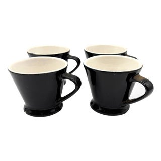 1970s Black Ceramic California Pottery Pedestal Coffee Cup Set by Chefsware - 4 Piece For Sale
