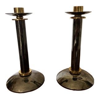 Mid-Century Modern Karl Springer Gunmetal & Brass Designer Modern Candlesticks - a Pair For Sale