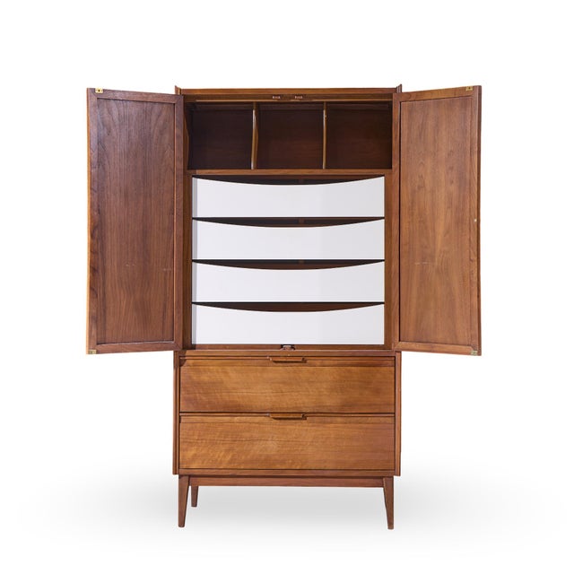 American of Martinsville Mid Century Walnut and Cane Armoire Dresser For Sale - Image 9 of 9