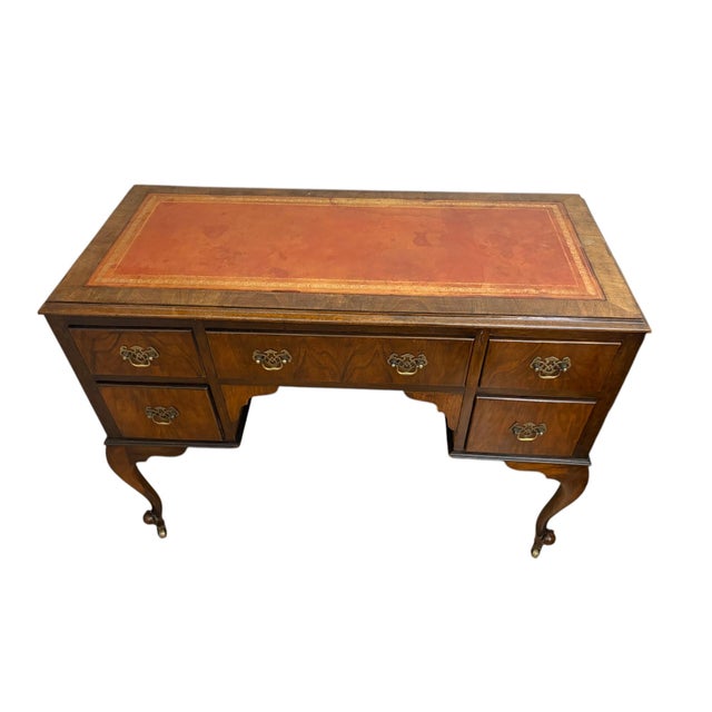 Antique Writing Desk with Leather Inlay and Cabriole Legs on Castor Wheels For Sale - Image 3 of 4