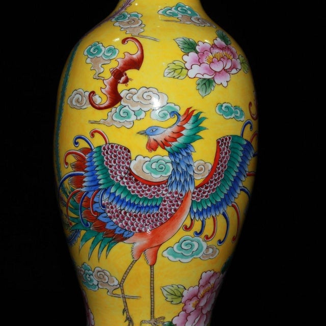 Late 20th Century Vintage Chinese Gilt Copper Enamel "Dragon & Phoenix" Vase, Qianlong Mark - 615g For Sale - Image 5 of 9