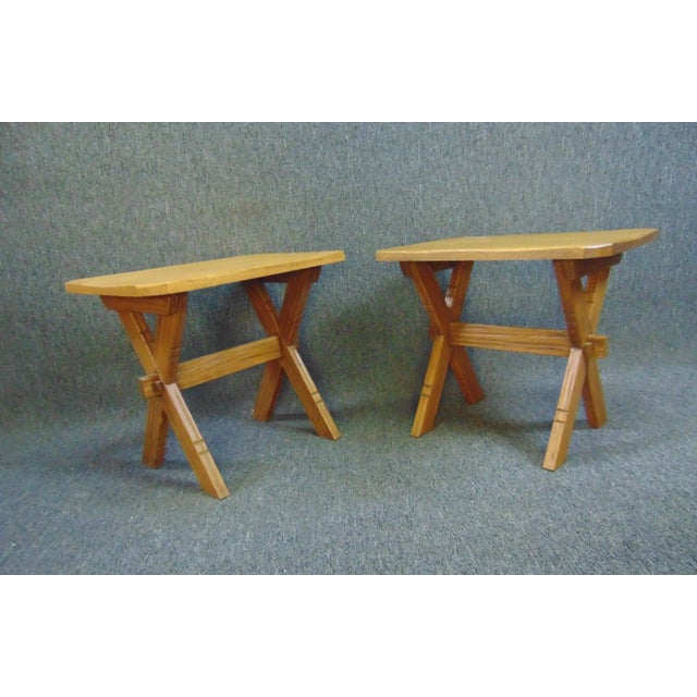 Wood Ranch Oak Mid Century Trestle Base Side Tables - a Pair For Sale - Image 7 of 8