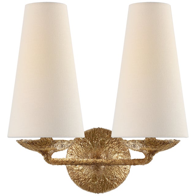 Fontaine Double Sconce in Gilded Plaster with Linen Shades Designer: AERIN Height: 14.25" Extension: 7.25" Backplate: 5"...