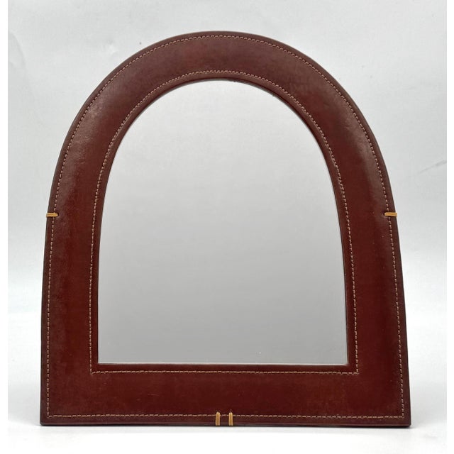 Modern French Modern Leather-Wrapped Arched Tabletop Mirror, Style of Jacques Adnet For Sale - Image 3 of 18