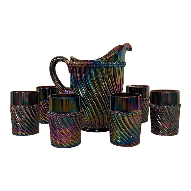 1930s Carnival Glass Pitcher and Tumbler Set- 7 Pieces For Sale