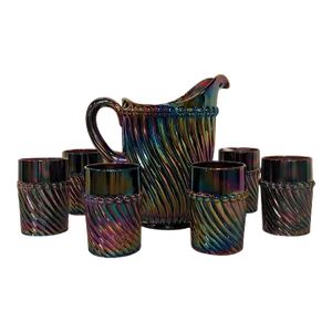 1930s Carnival Glass Pitcher and Tumbler Set- 7 Pieces