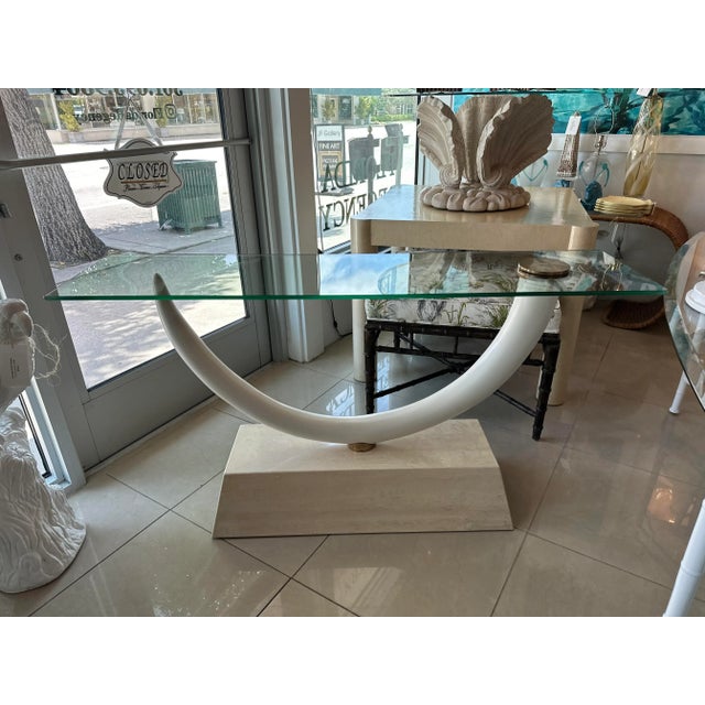 Maison Jansen Maison Jansen Faux Elephant Tusk Marble Base & Brass & Glass Top Console Table For Sale - Image 4 of 11
