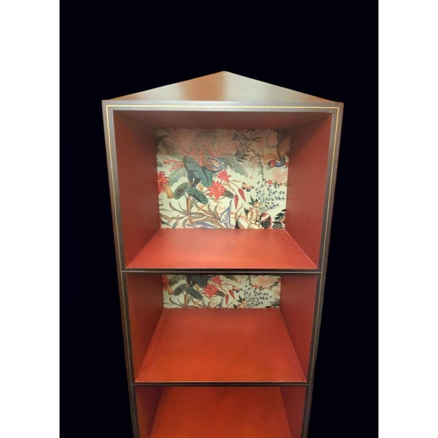 Chinoiserie Vintage Tall Pagoda Obelisk Top Red Chinoiserie Custom Wallpapered Etagere by Chelsea House For Sale - Image 3 of 12