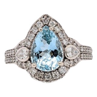 1.6Ct Santa Maria Aquamarine Ring With Natural Diamonds: Solid 14k Gold, 10x7mm, Size 6.75 For Sale