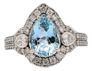 1.6Ct Santa Maria Aquamarine Ring With Natural Diamonds: Solid 14k Gold, 10x7mm, Size 6.75