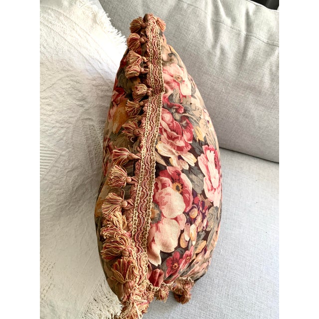 Vintage Decorative Cushion Pillow Floral Cabbage Roses and Fruits Pattern Cotton Linen Tassels Borders 19” X 19” For Sale - Image 12 of 12