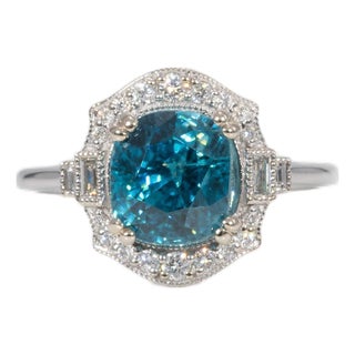 4.7Ct Cambodian Blue Zircon Ring With Natural Diamond Accents: Solid 14k Gold, Size 6.75 For Sale