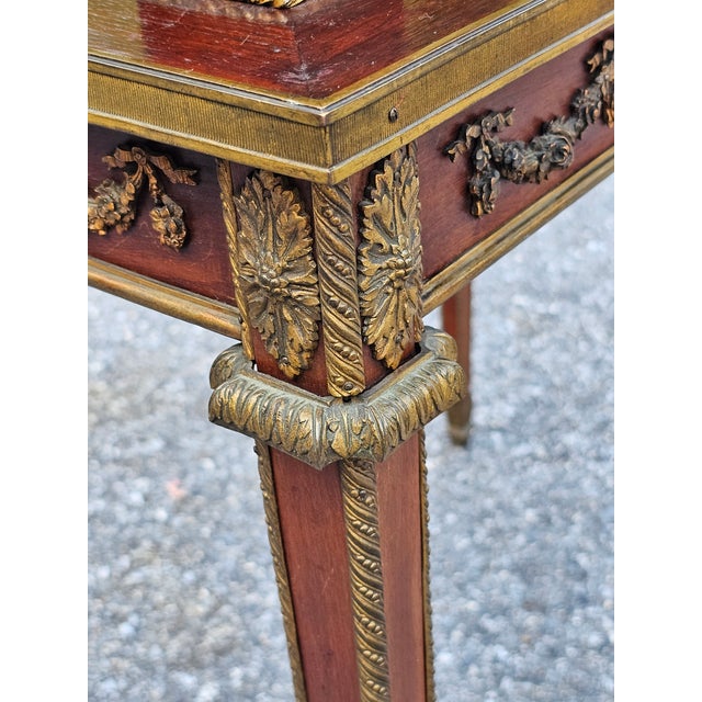 19th C. Louis XVI Style Gilt Bronze Mounted Parquetry Two-Tier Tea Table For Sale - Image 18 of 18