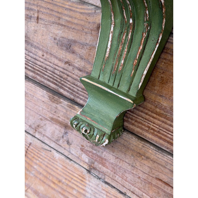 Wood Pair of Carved Acanthus Wall Bracket Shelves / Corbels in Distressed Green Finish For Sale - Image 7 of 11