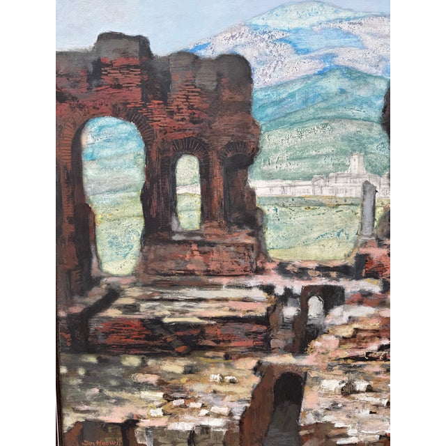 1980s Jan Hoowij (1907–1987) Signed Mid-Century Oil on Panel Painting of Classical Roman Ruins in Gilt Frame For Sale - Image 5 of 9