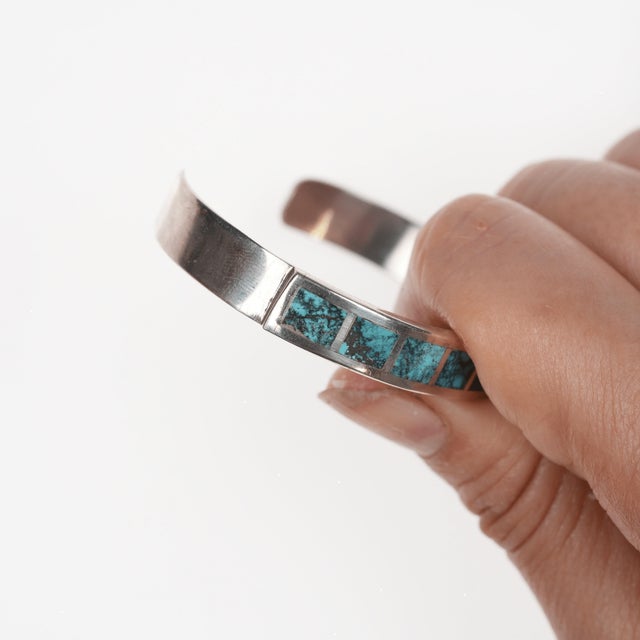 6 1/8" Native American high grade turquoise AB Channel inlay sterling cuff bracelet For Sale - Image 4 of 10